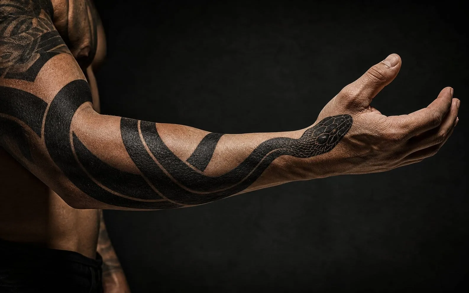Bold blackwork snake tattoo wrapping a forearm, photographed against a dark studio background.