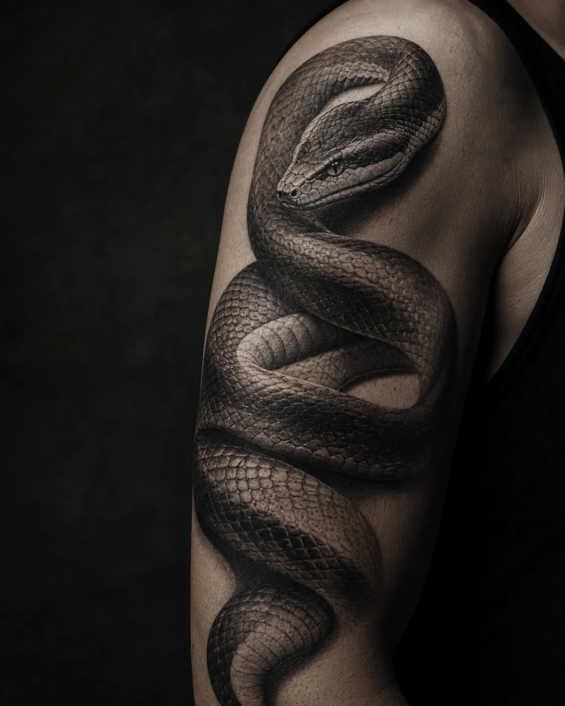 Black-and-grey snake tattoo with soft gradient shading coiled on an upper arm.