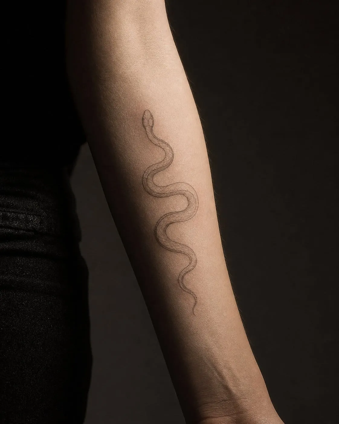 Delicate fine-line snake tattoo flowing in an S-curve on an inner forearm with minimal shading.
