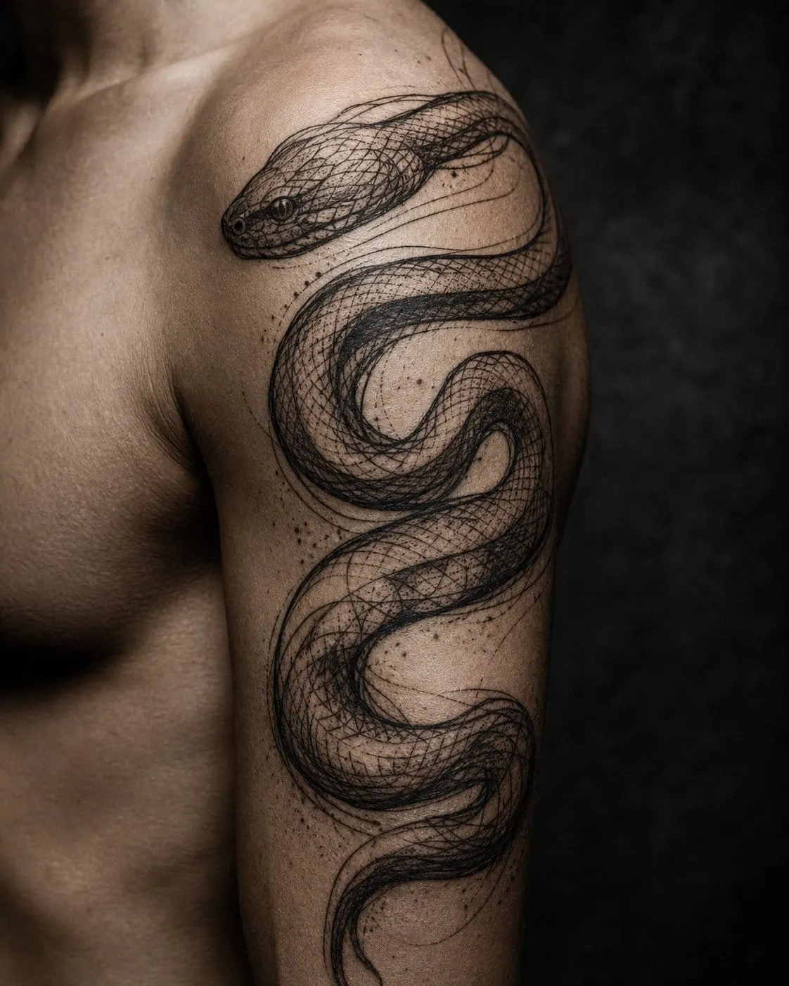 Illustrative snake tattoo with hand-drawn linework and stippled shading on a shoulder.
