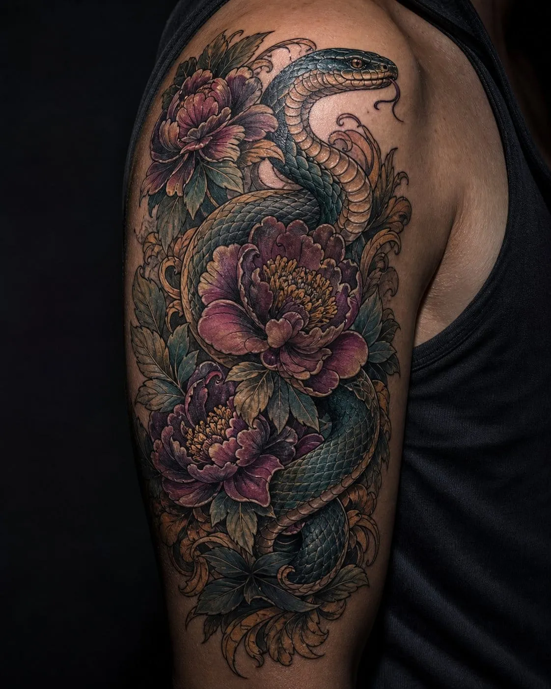 Neo-traditional snake tattoo with muted teal and plum, wrapped through peonies and leaves on an upper arm.